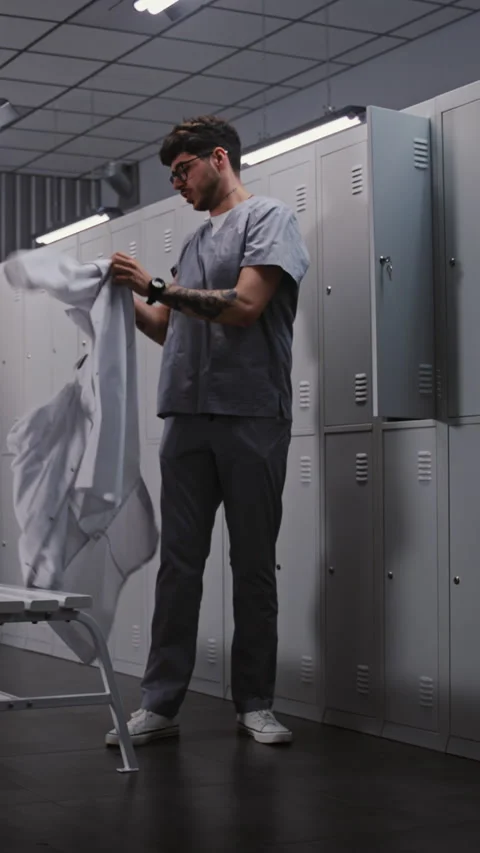 Diverse Group of Doctors Changing Clothes in Hospital Locker Room After Long Stock Footage 334015536