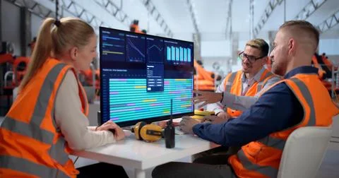 Diverse Group Of Engineers Operating Robots On Automotive Production Line. Stock Photos