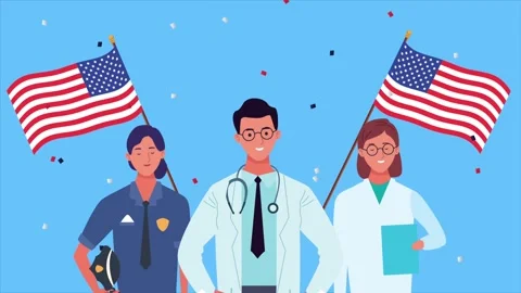 Diverse group of essential workers standing with american flags for labor d.. Video stock 338419151