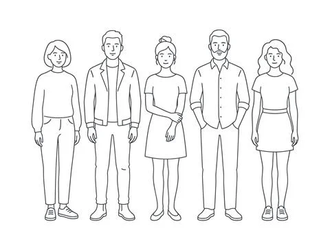 Diverse group of five people, men and women, standing together in casual mo.. Stock Illustration