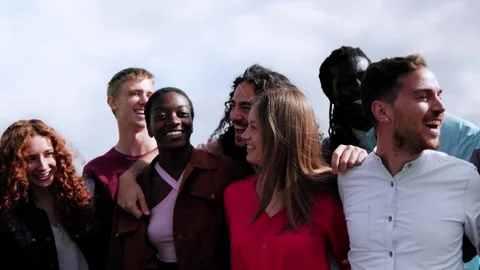 Diverse group of friends having fun smiling outdoor in summer day. Young people  Stock Footage 280432339