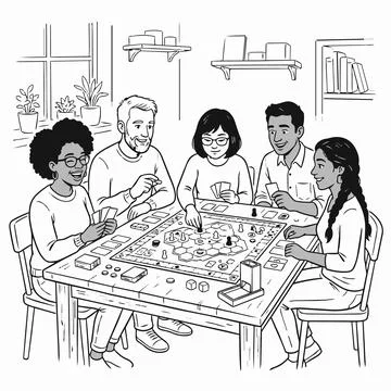 Diverse group friends playing board game together indoors Silhouette Stock Illustration