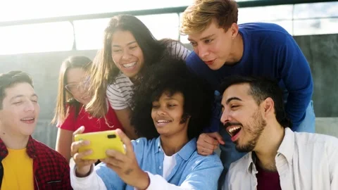 Diverse group of friends using mobile phone and laughing in park Stock Footage 313496094