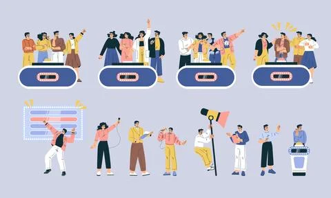 A diverse group gathered, joyfully celebrating with colorful props and lively Stock Illustration