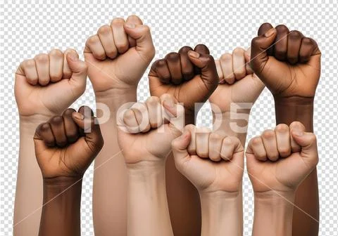 Diverse group of hands forming united fists PSD Template