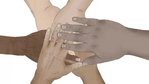 Diverse group of hands helping one another, teamwork, Hand drawn Animation 4K Video stock 153618245
