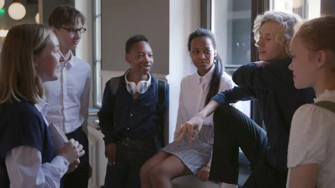 Diverse group of high school students talk in campus corridor Stock Footage 208861120
