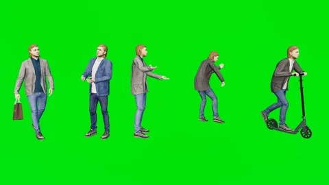 A diverse group of men walking and riding an electric scooter isolated Video stock 329597322
