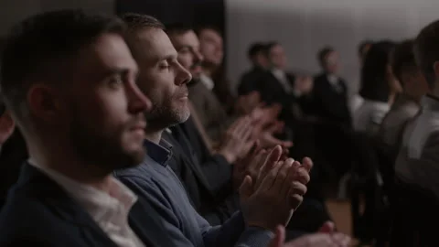 Diverse group of people at congratulation speech of business conference. Stage t Stock Footage 199481953