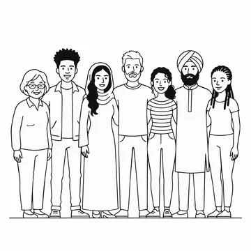 Diverse group people illustration, multicultural community, line art style .. Stock Illustration