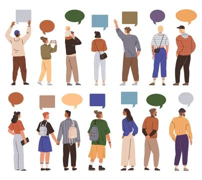 Diverse Group of People Sharing Ideas through Speech Bubbles and Signs Stock Illustration