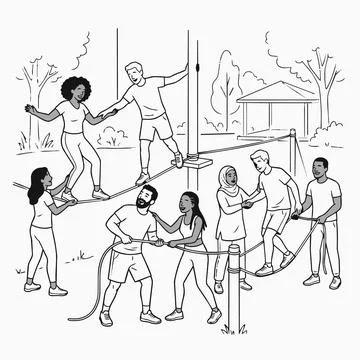Diverse group people teamwork trust balance, outdoor activity, line drawing.. Illustrazione stock