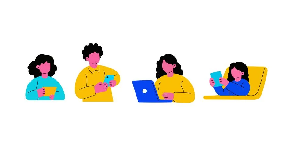 Diverse group of people using digital devices in various ways. Stock Illustration