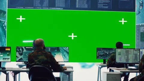 Diverse group of privates operating on a big screen isolated display Stock Photos