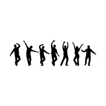 Diverse group of seven dynamic individuals silhouetted in various joyful da.. Stock Illustration