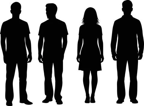 Diverse Group Silhouettes: Men and Women standing together, isolated on whi.. Stock Illustration