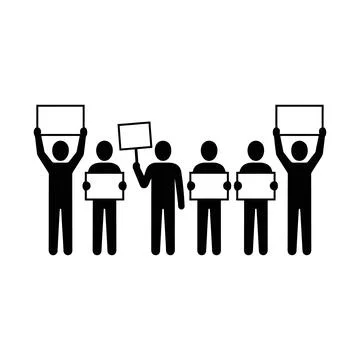A diverse group of simplified black figures holding blank white signs and b.. Illustrazione stock