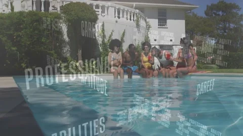 Diverse group sitting by pool with professional skills text overlay animation Stock Footage 327900980