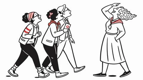 Diverse group of stick figures looking up in different directions with one .. Stock Illustration