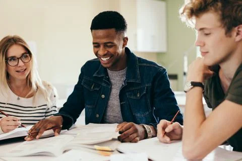 Diverse group of students discussing on notes Stock Photos