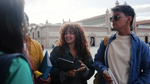 Diverse group of students having fun after class in high school. Friends college Stock Footage 308424856