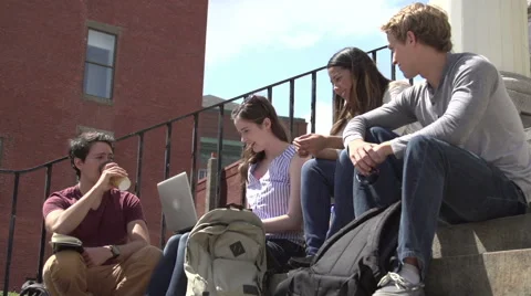 A diverse group of students sit on steps, in discussion. Stock Footage 44117019