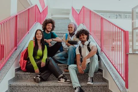 A diverse group of students sits on the steps of a Stock Photos