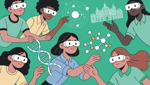 Diverse group of students wearing vr headsets interacting with science elements Stock Illustration