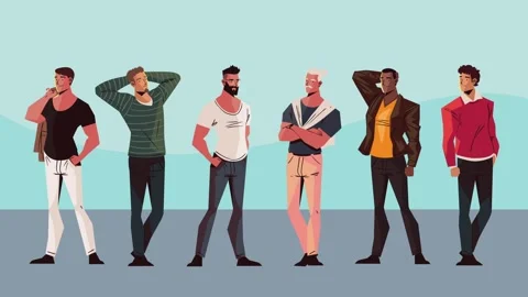 Diverse group of stylish men standing together in line animation. Stock Footage 338422852