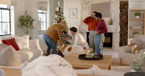 Diverse group trimming Xmas tree at home, dog moving, blonde woman guiding dog Stock Footage 343469130