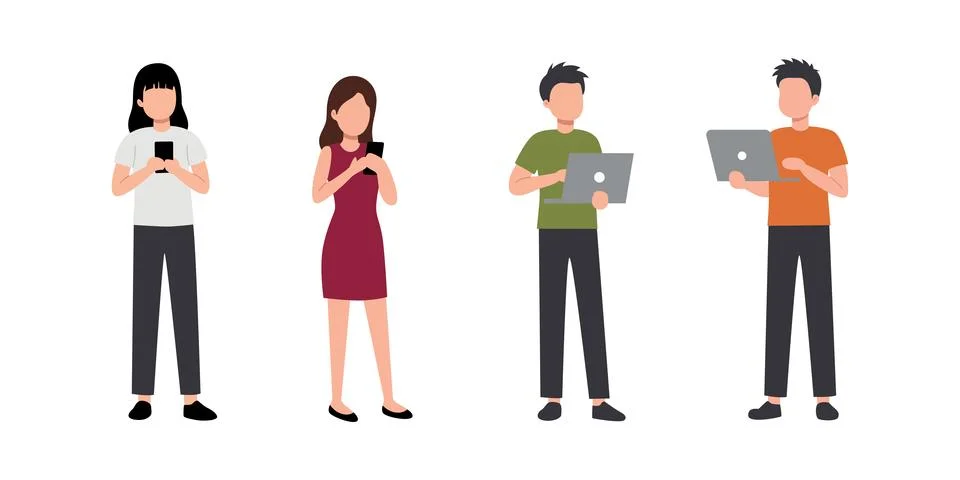 Diverse Group Using Technology, Smartphones and Laptops Stock Illustration