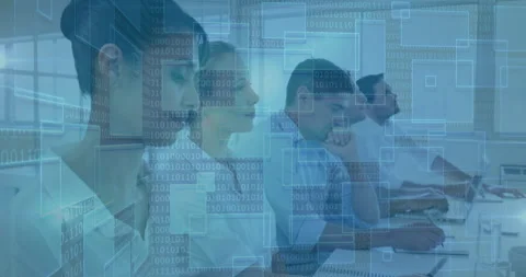Diverse group working on computers with binary code overlay animation Stock Footage 304202793