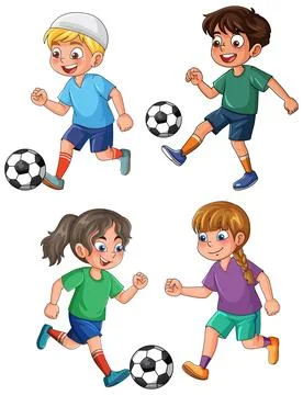 Diverse Group of Young Children Playing Soccer Vector Illustration Set Stock Illustration