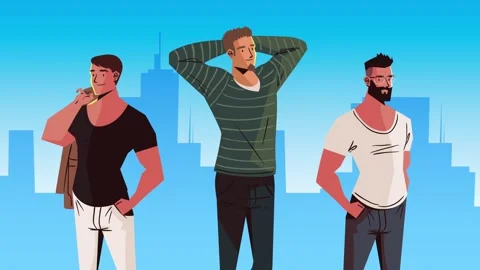 Diverse group of young men standing together in modern city urban landscape.. 库存影片 339211647