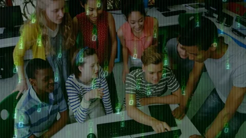 Diverse group of young people collaborating over binary code animation Stock Footage 303942419