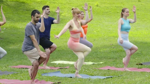 Diverse group of young people practicing yoga in eagle pose in city park Stock Footage 247687367
