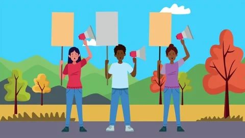 Diverse group of young people protesting with megaphones and blank placards.. Video stock 338318641