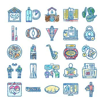 Diverse hand drawn doodle icon collection on white background Stock Illustration