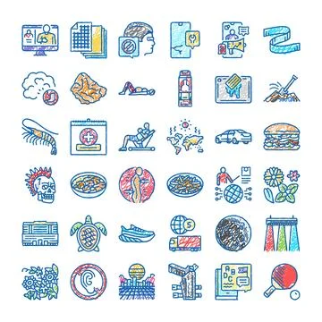 Diverse hand drawn doodle line icons collection Stock Illustration