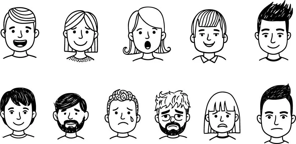 Diverse Hand-Drawn Faces Expressing Various Emotions - Black and White Icons Stock Illustration