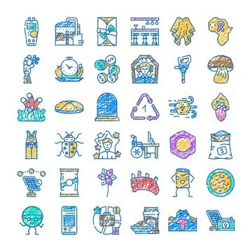 Diverse hand drawn icon collection illustrating various concepts Stock Illustration