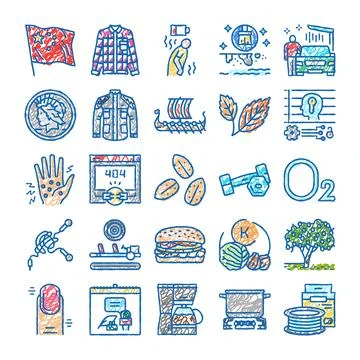Diverse hand drawn icon collection of various objects Stock Illustration