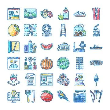 Diverse hand drawn icon collection sketching various concepts Ilustración de archivo