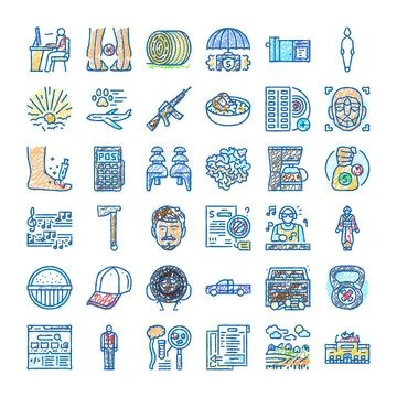 Diverse hand drawn icon collection of various concepts Ilustración de archivo