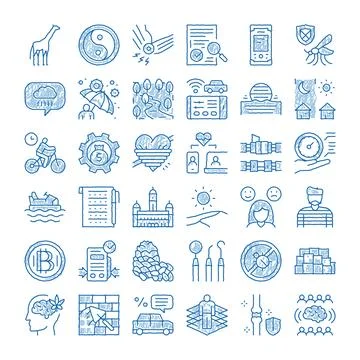 Diverse hand drawn icon set illustrating various concepts Illustrazione stock