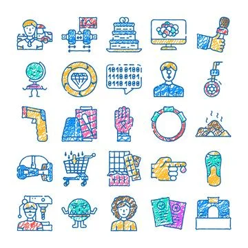 Diverse hand drawn icon set illustrating technology and life concepts Stock Illustration