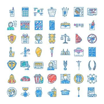 Diverse hand drawn icon set for digital applications Stock Illustration