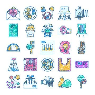 Diverse hand drawn icon set educating concepts and objects Ilustración de archivo