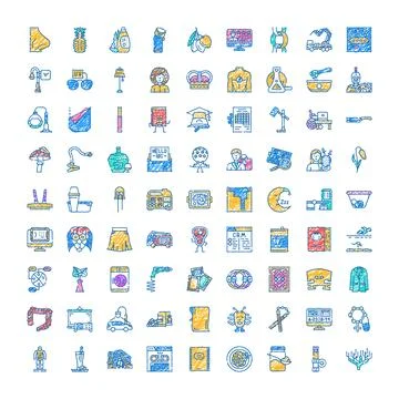 Diverse hand drawn icon set color scribbles Stock Illustration