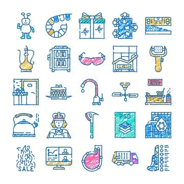 Diverse hand drawn icon set collecting subjects Stock Illustration